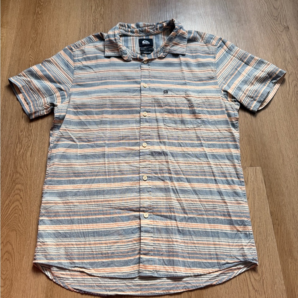 Quiksilver Men's M Button-Up Casual Shirt Striped  Orange Cotton Short Sleeve